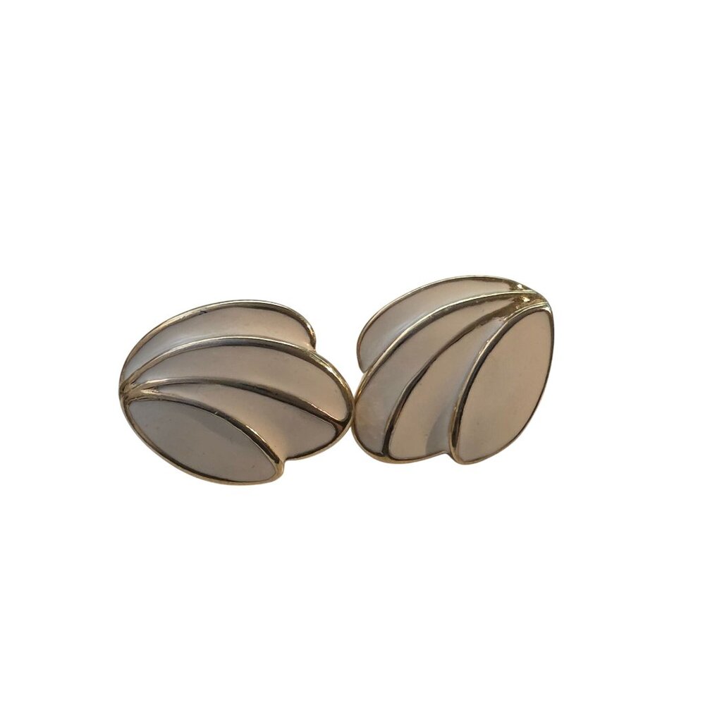 Monet Gold-Tone‎ & White Enamel Post Back Earrings Vintage